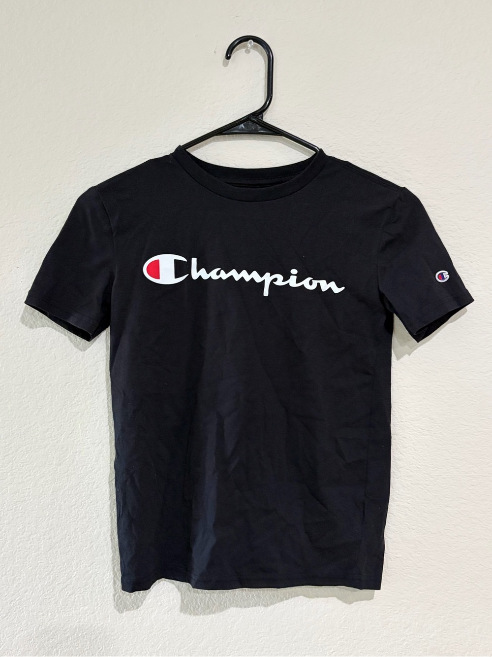 Champion Boys T-Shirt Size 8 Small Black Script Logo Graphic Tee Short Sleeve